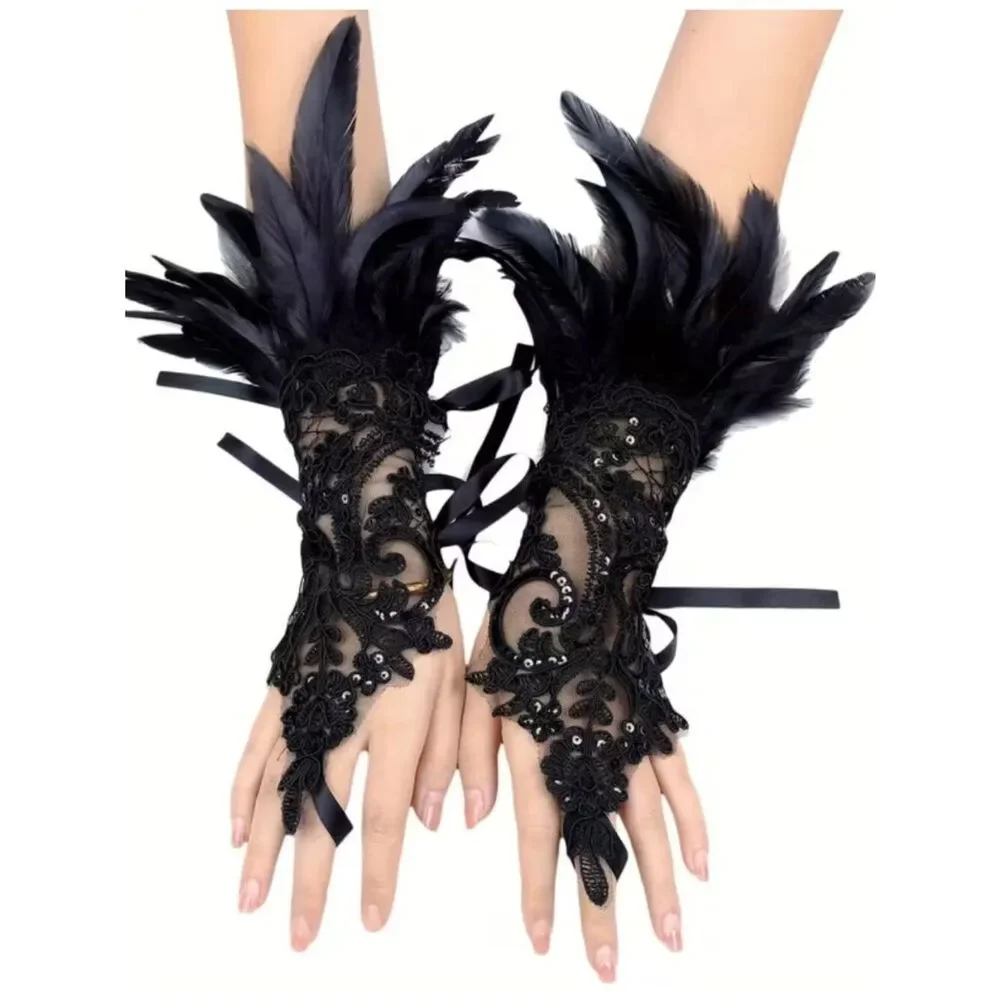 NWT Gothic Black Lace Feather Fingerless Gloves Witch Halloween Cosplay Cuffs
